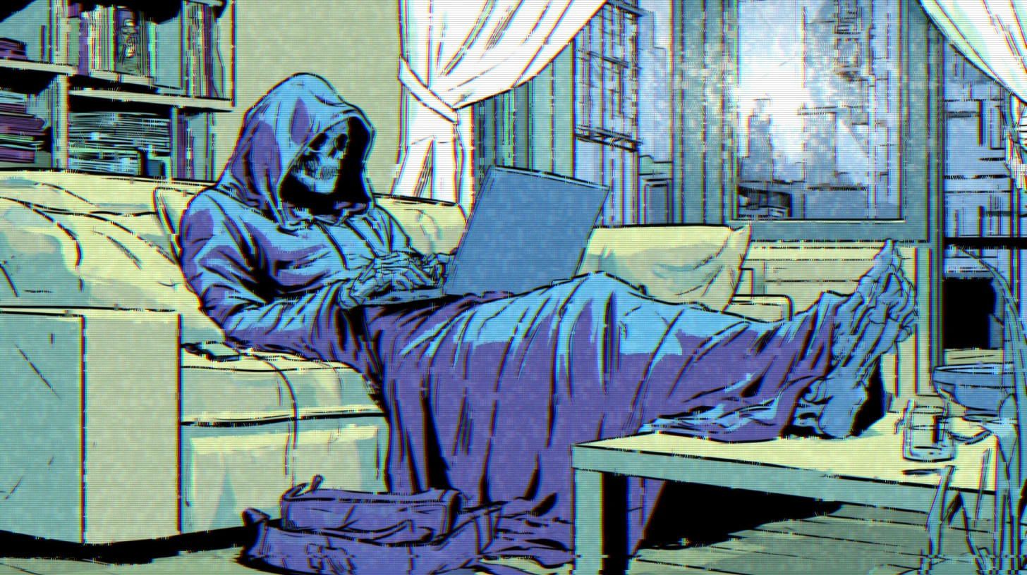 Death comfortably completing paperwork from the couch