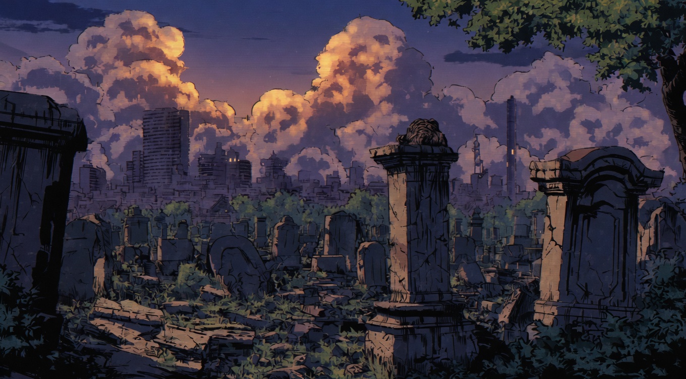 A quiet graveyard at dusk