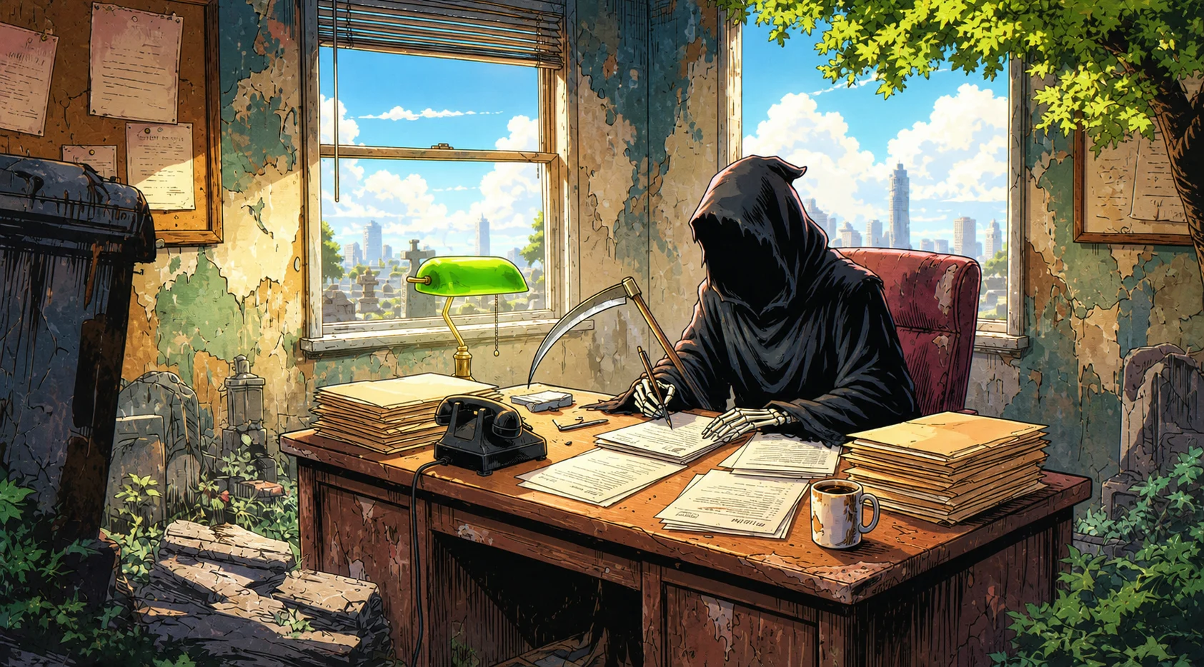 A grim reaper filling out paperwork in a sunlit, overgrown office